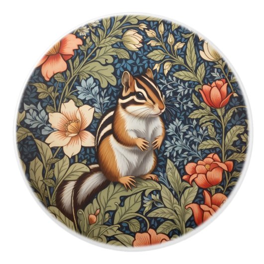 Cute Chipmunk William Morris Inspired Floral セラミックノブ (正面)