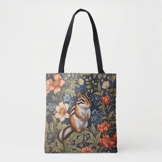 Cute Chipmunk William Morris Inspired Floral トートバッグ (正面)