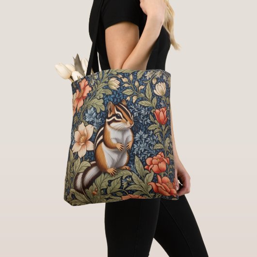 Cute Chipmunk William Morris Inspired Floral トートバッグ (クローズアップ)