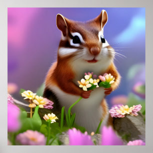 Cute Chipmunk with Flowers ポスター