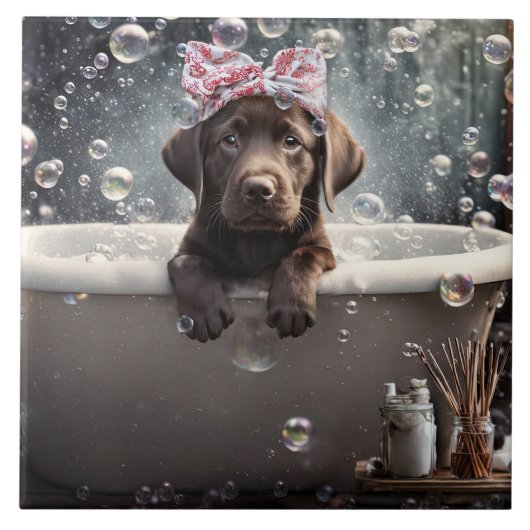 Cute Chocolate Lab Puppy Dog Spa Bubble Bath タイル (正面)