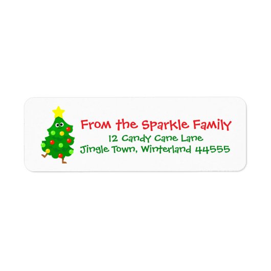 Cute Christmas Address Label with Fun Cartoon Tree ラベル (正面)