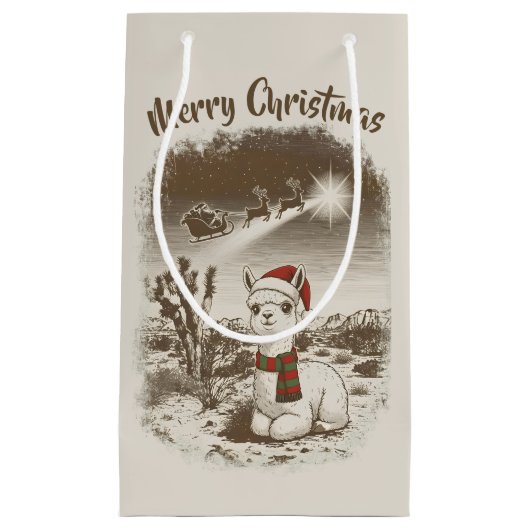 Cute Christmas Alpaca + Santa + Reindeer Sleigh - スモールペーパーバッグ (正面)