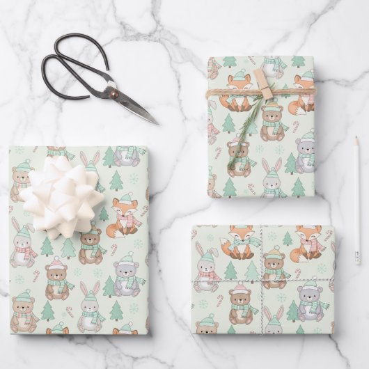 Cute Christmas Animals Seamless Pattern ラッピングペーパーシート (正面)