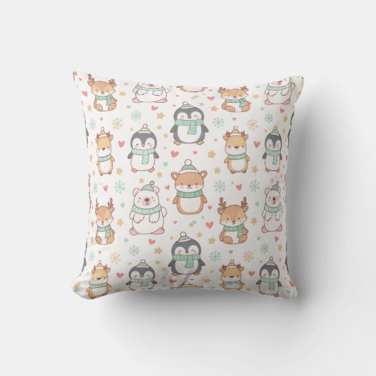 Cute Christmas Animals Throw Pillow – Festive Holi クッション (正面)