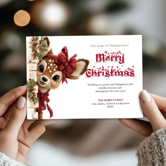 Cute Christmas baby fawn peeking woodland card シーズンカード