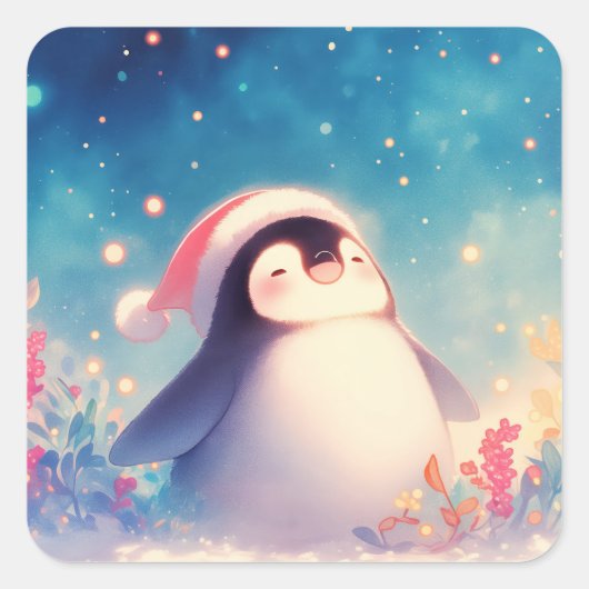 Cute Christmas Baby Penguin in Santa Hat スクエアシール (正面)