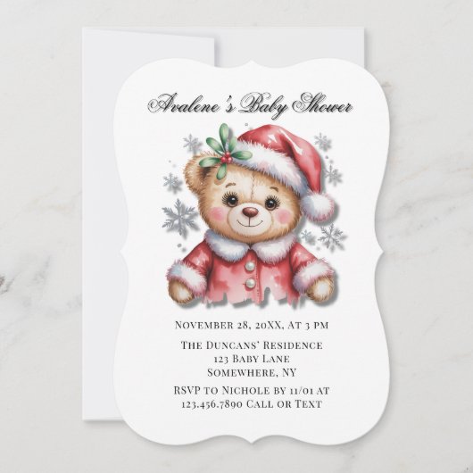 Cute Christmas Bear and Snowflakes Baby Shower 招待状 (正面)