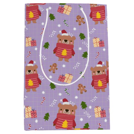 Cute Christmas Bear Pattern | Cozy Holiday Winter ミディアムペーパーバッグ (正面)