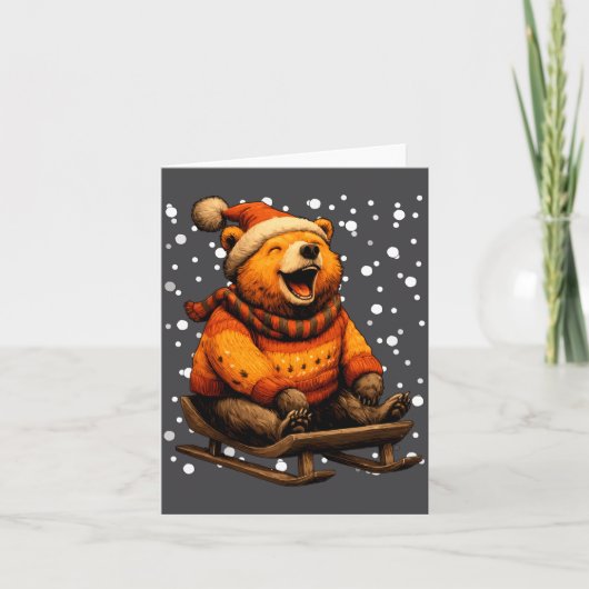 Cute Christmas Bear Sledding In Snow Funny Winter  カード (正面)