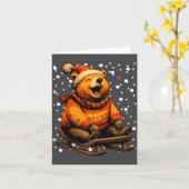 Cute Christmas Bear Sledding In Snow Funny Winter  カード (黄色い花)