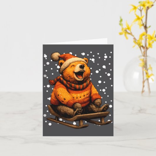 Cute Christmas Bear Sledding In Snow Funny Winter  カード (黄色い花)