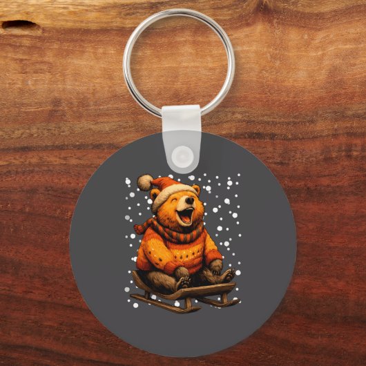 Cute Christmas Bear Sledding In Snow Funny Winter  キーホルダー (正面)
