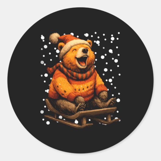 Cute Christmas Bear Sledding In Snow Funny Winter  ラウンドシール (正面)