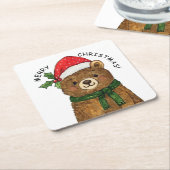 Cute christmas bear with santa hat スクエアペーパーコースター (アングル)