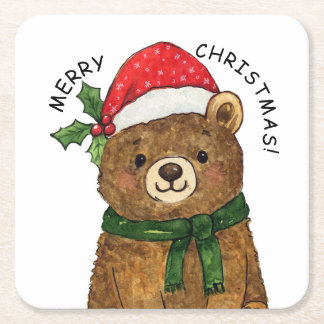 Cute christmas bear with santa hat スクエアペーパーコースター