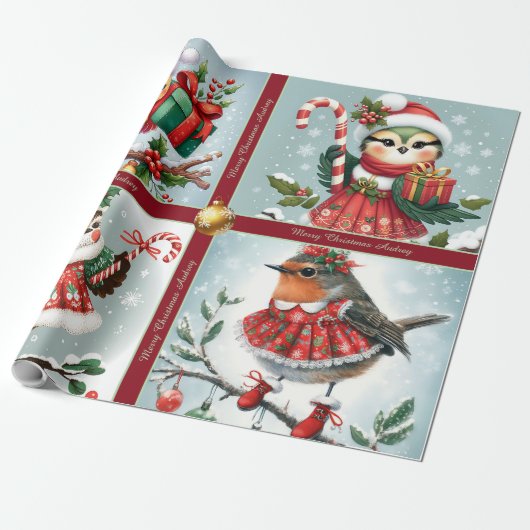 Cute Christmas Birds Wrapping Paper ラッピングペーパー (アンロールド)