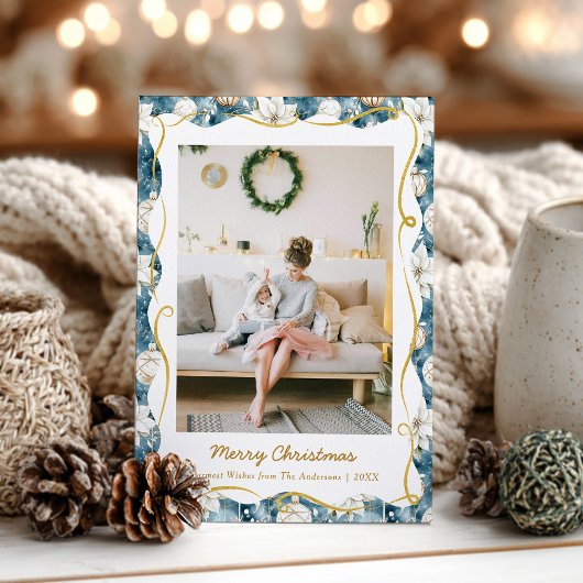Cute Christmas Blue and Gold Pattern 1 Photo シーズンカード