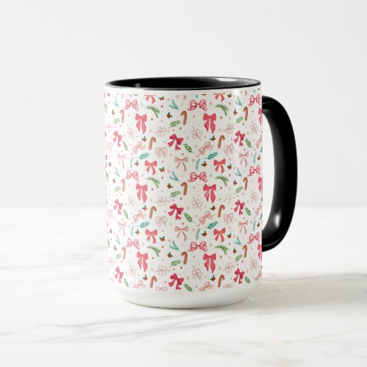 Cute Christmas Bow & Candy Cane Pattern Mug マグカップ (正面右)