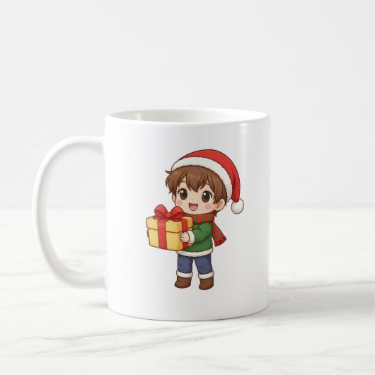 Cute Christmas Boy Holding Gift Mug コーヒーマグカップ (左)