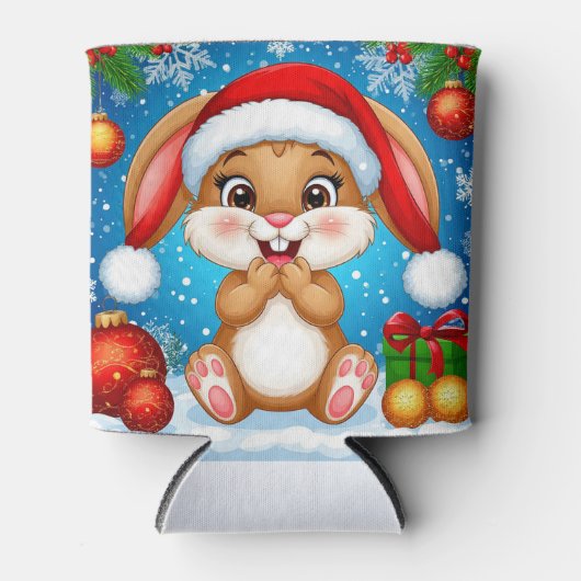 Cute Christmas Bunny Wearing Santa Hat 缶クーラー (正面)