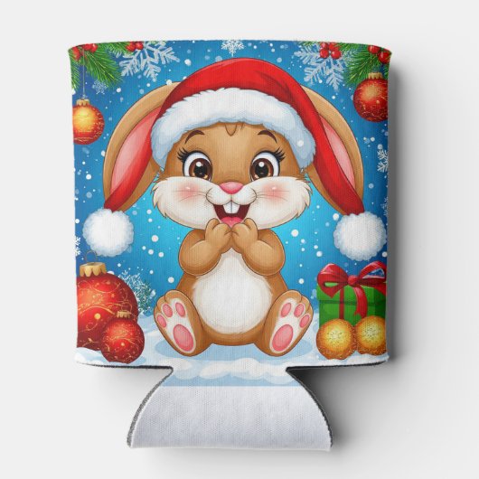 Cute Christmas Bunny Wearing Santa Hat 缶クーラー (裏面)