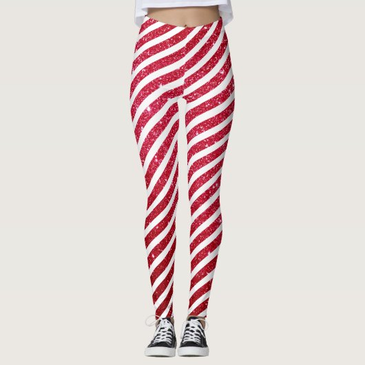 Cute Christmas Candy Cane Glitter Stripped Pattern レギンス (正面)