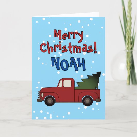 Cute Christmas card for kids. Red truck with tree シーズンカード (正面)