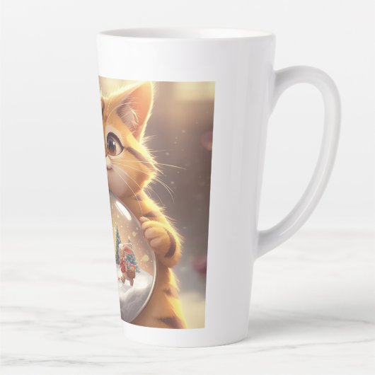 Cute Christmas Cat Holding Snow Globe Art カフェラテマグ (右)