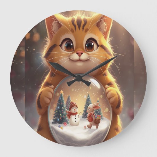Cute Christmas Cat Holding Snow Globe Art ラージ壁時計 (正面)