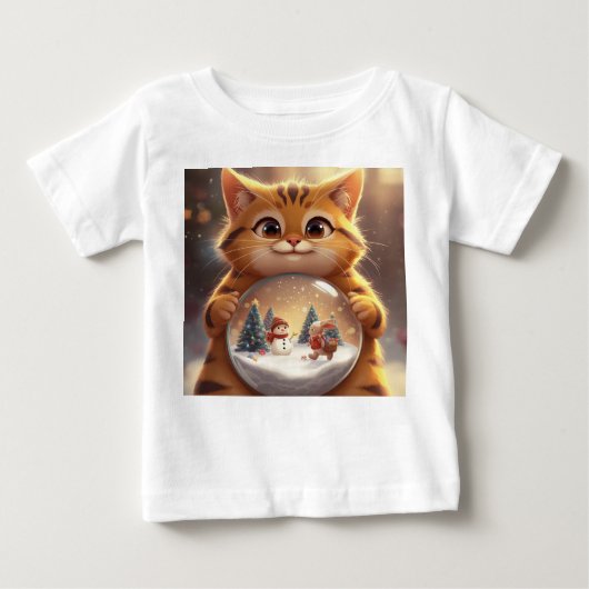 Cute Christmas Cat Holding Snow Globe Art Baby T-S ベビーTシャツ (正面)