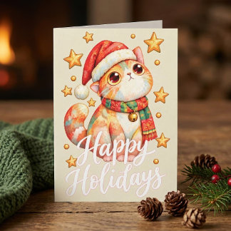 Cute Christmas Cat Illustration with Festive Charm サンキューカード