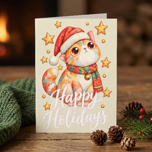 Cute Christmas Cat Illustration with Festive Charm サンキューカード