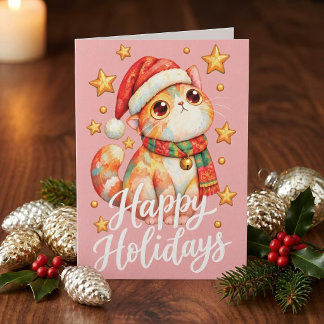 Cute Christmas Cat Illustration with Festive Charm サンキューカード