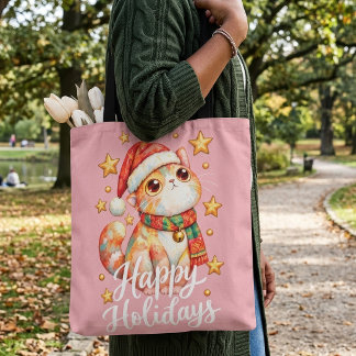 Cute Christmas Cat Illustration with Festive Charm トートバッグ