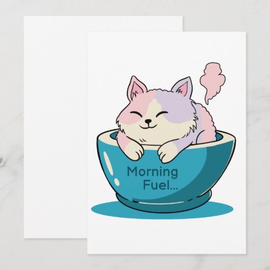 Cute Christmas Cat in Mug Morning Fuel Invitation 招待状 (正面/裏面)