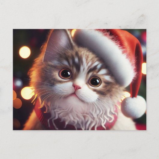 Cute Christmas Cat in Santa's Red Hat  シーズンポストカード (正面)
