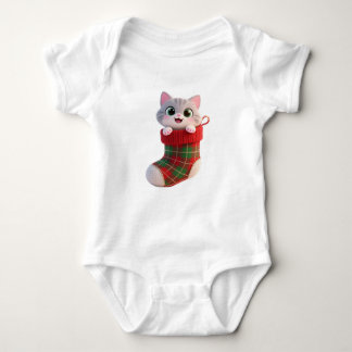 Cute Christmas Cat in Stocking Baby Jersey T-Shirt ベビーボディスーツ