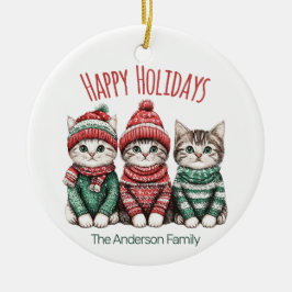 Cute Christmas Cat Ornament | Custom Family Name セラミックオーナメント
