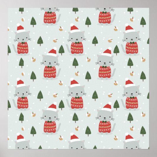 Cute Christmas Cat Pattern – Festive Holiday  ポスター (正面)