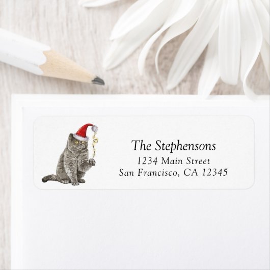 Cute Christmas Cat Santa Hat Return Address  ラベル (インサイチュ)