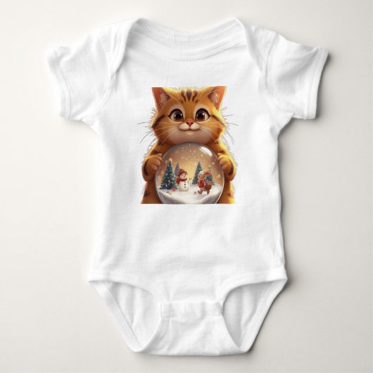 Cute Christmas Cat Snow Globe Baby Jersey Bodysuit ベビーボディスーツ (正面)