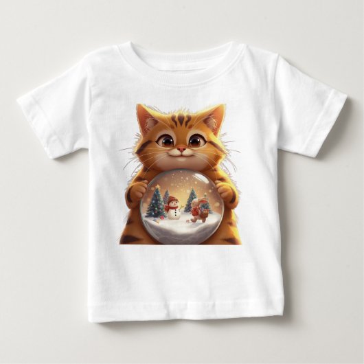 Cute Christmas Cat Snow Globe Baby T-Shirt ベビーTシャツ (正面)