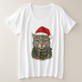Cute Christmas Cat Wearing Santa Hat and Holiday  プラスサイズTシャツ