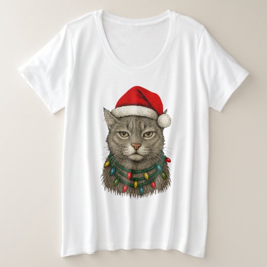 Cute Christmas Cat Wearing Santa Hat and Holiday プラスサイズTシャツ (デザイン正面)