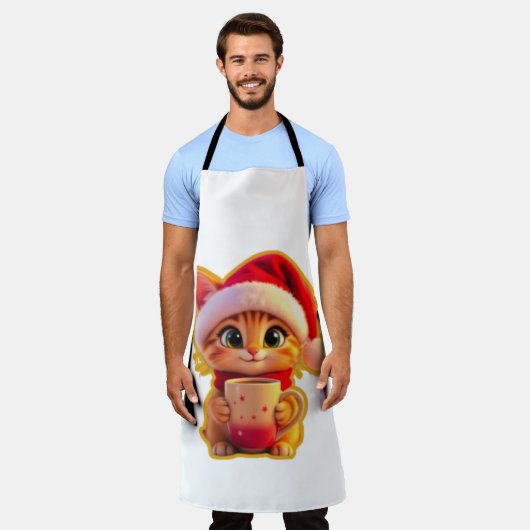 **Cute Christmas Cat with Santa Hat – Funny Holida エプロン (着用した状態)