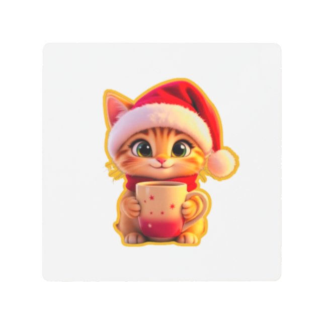 **Cute Christmas Cat with Santa Hat – Funny Holida メタルプリント (正面)
