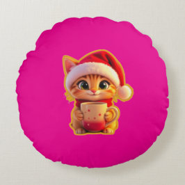 **Cute Christmas Cat with Santa Hat – Funny Holida ラウンドクッション