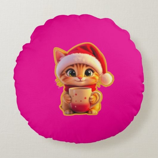 **Cute Christmas Cat with Santa Hat – Funny Holida ラウンドクッション (正面)