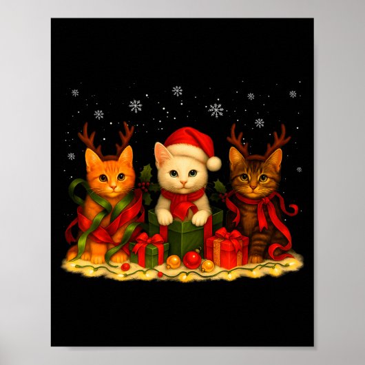 Cute Christmas Cat Xmas Lights Santa Reindeer Cat ポスター (正面)
